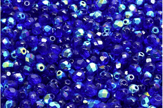 ファセット加工ビーズ ラウンド、透明ブルーAB（30090-28701）、ボヘミアクリスタルガラス、チェコ共和国