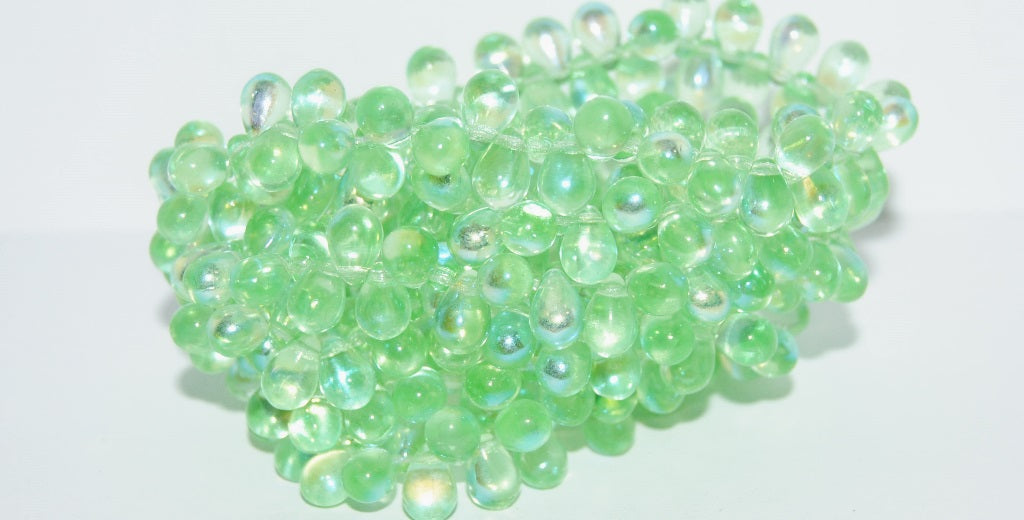 Pear Teardrop Pressed Glass Beads, Transparent Green Ab (69-50500-AB), Glass, Czech Republic ~ STRANDED