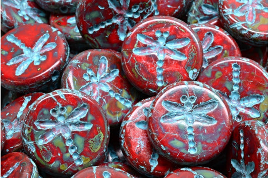 Round Flat Beads With Dragonfly, Opaque Red Travertin Light Blue Lined (93220-86800-54308), Glass, Czech Republic