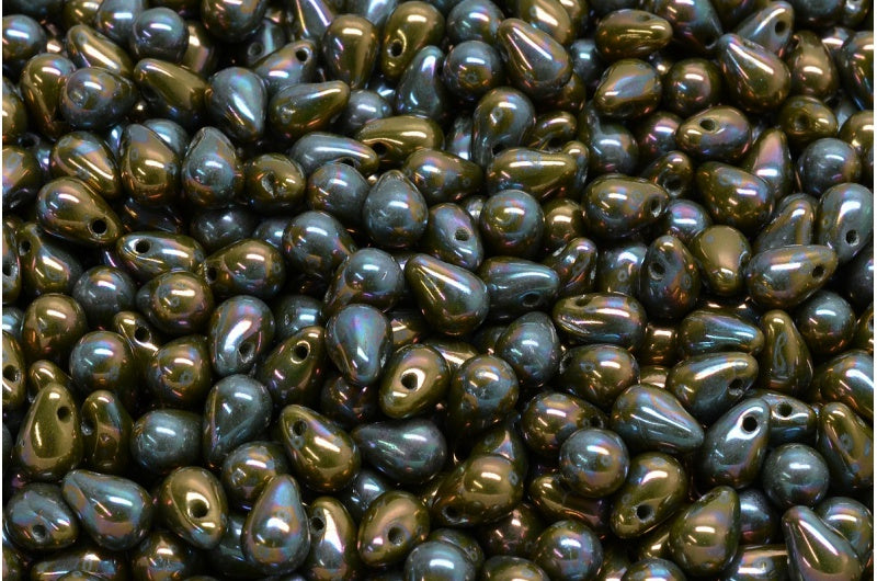 OUTLET 10 grams Drop Beads, 4 x 6 mm, Green Nebula (53420-15001), Glass, Czech Republic