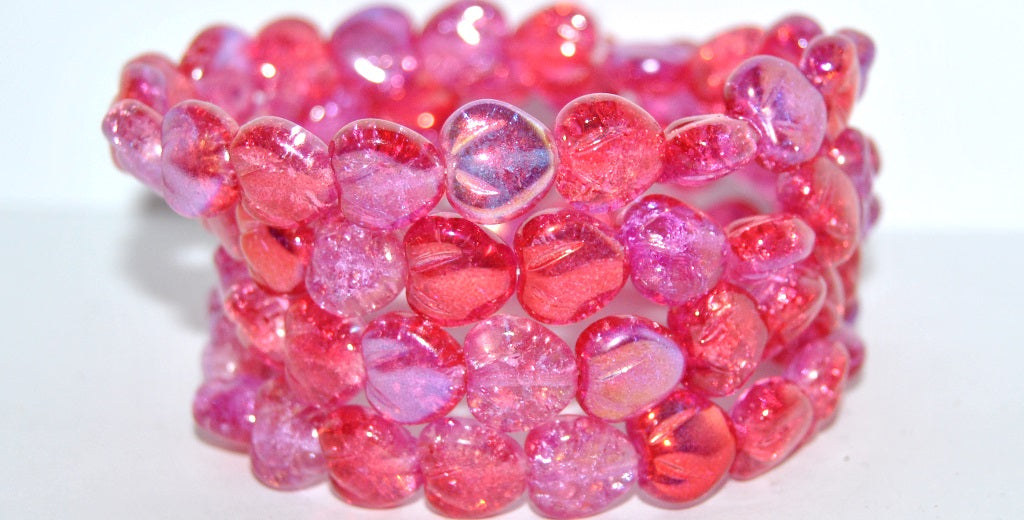 Heart Pressed Glass Beads, Crystal Glossy Red Pink Crack (11-00030-48120-CRACK), Glass, Czech Republic ~ STRANDED