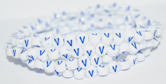 Pressed Glass Beads Pillow, Letter V, Chalk White Blue Lined (6-03000-46430), Glass, Czech Republic ~ STRANDED