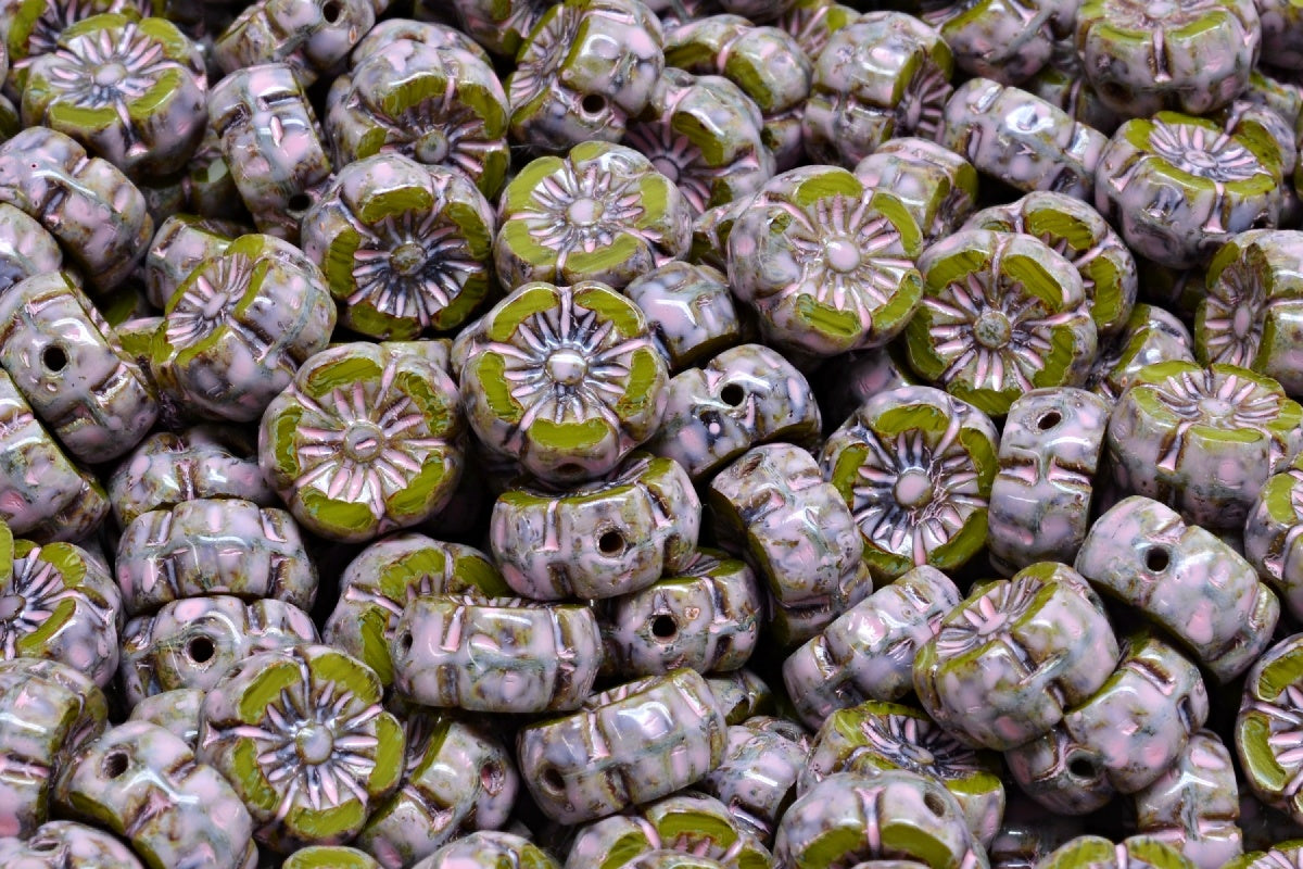 OUTLET 10 grams Table Cut Hawaii Flower Beads, 8 x 8 mm, Green Travertin Warm Purple Spotted (R0542-86800-33304), Glass, Czech Republic