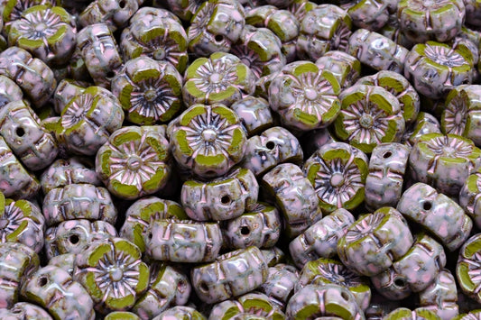 OUTLET 10 grams Table Cut Hawaii Flower Beads, 8 x 8 mm, Green Travertin Warm Purple Spotted (R0542-86800-33304), Glass, Czech Republic
