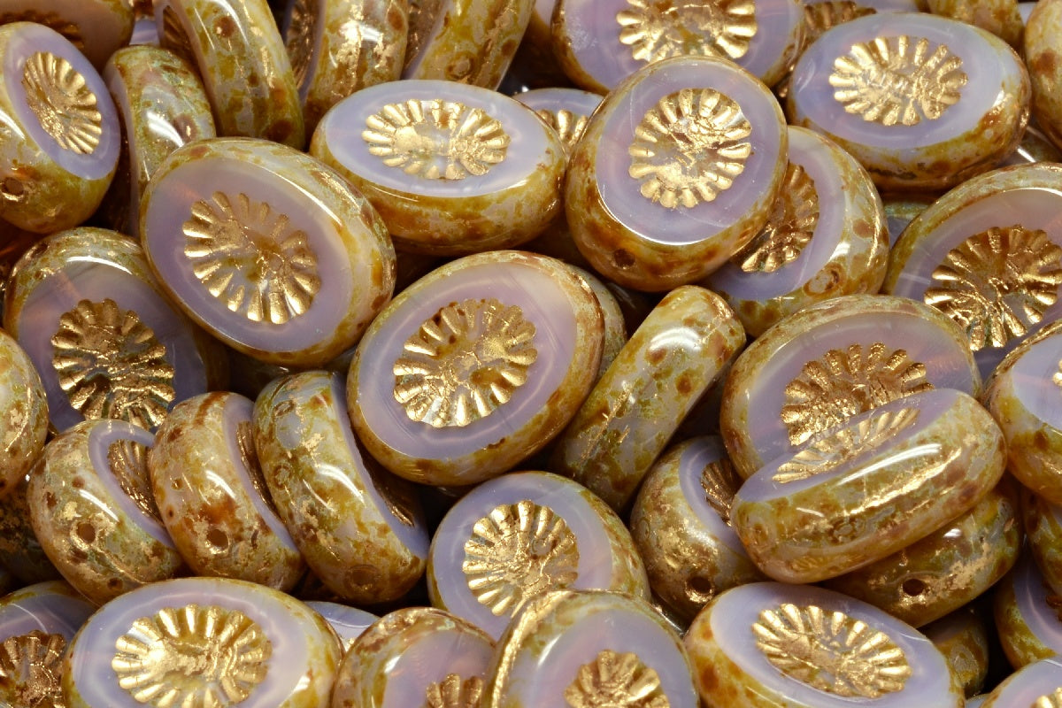 OUTLET 10 grams Table Cut Kiwi Beads, Opal Dark Lavender Travertin Gold Lined (21010-86800-54302), Glass, Czech Republic