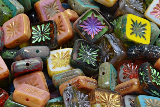OUTLET 10 grams Table Cut Square Kiwi Beads, 10 x 10 mm, 1 Mixed Colors (00001-mix), Glass, Czech Republic