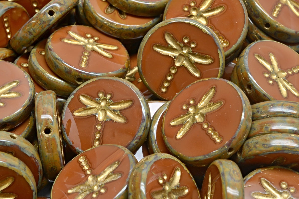 Table Cut Dragonfly Beads, 14600 Travertin Gold Lined (14600-86800-54302), Glass, Czech Republic