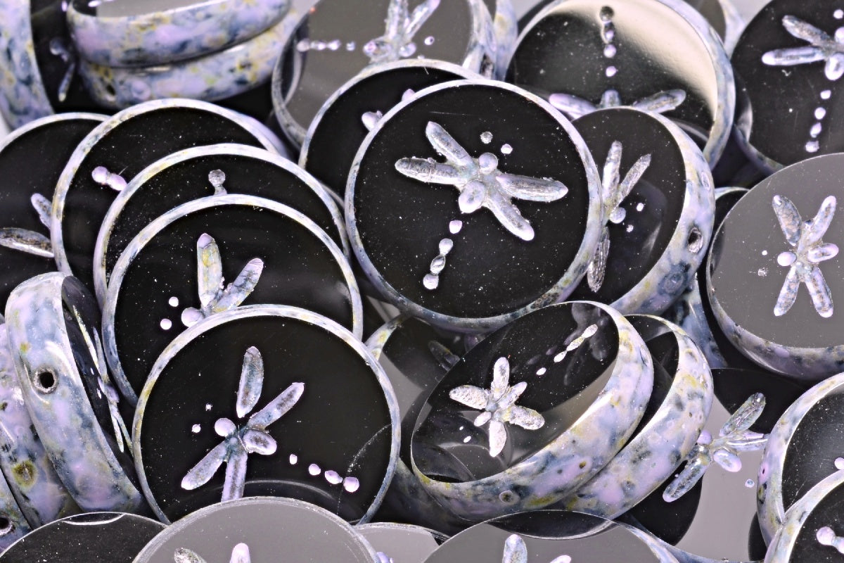 Table Cut Dragonfly Beads, Black Travertin Cold Purple Spotted (23980-86800-33305), Glass, Czech Republic