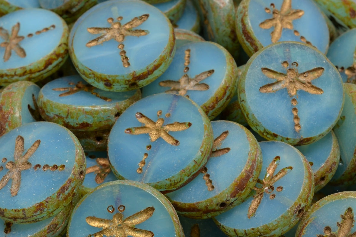Table Cut Dragonfly Beads, Opal Aqua Travertin Gold Lined (61010-86800-54302), Glass, Czech Republic