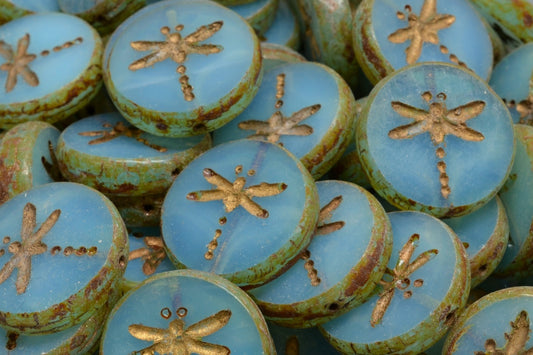 Table Cut Dragonfly Beads, Opal Aqua Travertin Gold Lined (61010-86800-54302), Glass, Czech Republic
