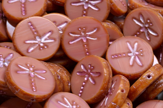 Table Cut Dragonfly Beads, Opaque Pink Travertin Pink Lined (74020-86800-54321), Glass, Czech Republic