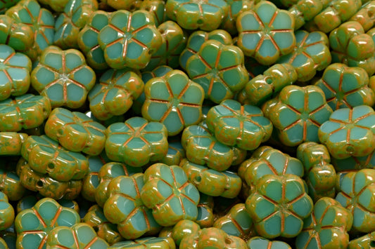 OUTLET 5 grams Table Cut Garland Flower Beads, 10 x 10 mm, Opal Green Orange Spotted (52020-33302), Glass, Czech Republic