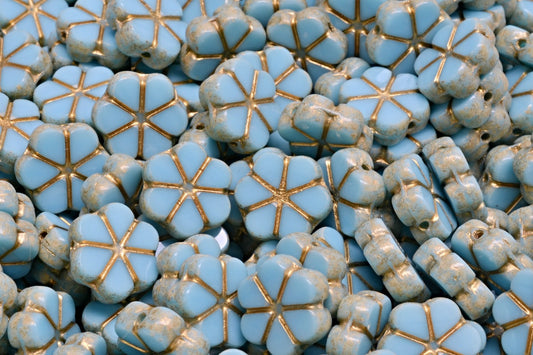 OUTLET 10 grams Table Cut Garland Flower Beads, 10 x 10 mm, Blue Beige Travertin Spotted Gold Lined (63020-33301-54302), Glass, Czech Republic