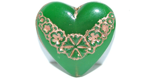 Heart With Flowers Doublet Pressed Glass Beads, Opal Emerald Green Copper Lined (1920-52040-54200), Glass, Czech Republic ~ STRANDED