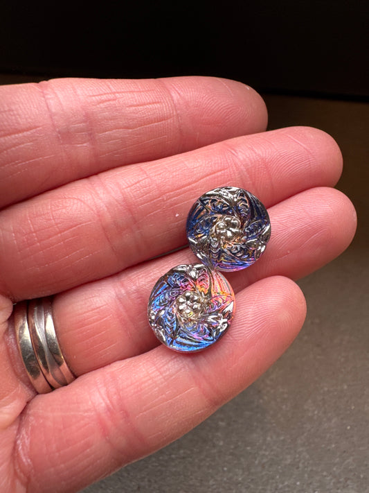 2 pcs Hand Painted Glass Buttons with ornament, size 6 (13.5 mm), Glass, Czech Republic