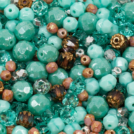 OUTLET 10 grams Faceted Round Fire Polished Beads, mi x -f mm, Turquoise Mix (c-mix08), Glass, Czech Republic