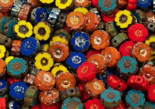 Table Cut Round Beads Hawaii Flowers, Color MIX, Glass, Czech Republic