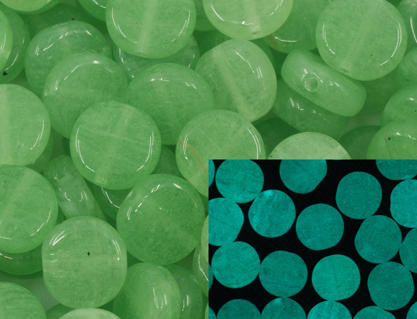 Flat Round Coin 1-hole glass beads, 8mm, Czech Republic, Dirty Bright Green - Glow in the Dark Bright Blue