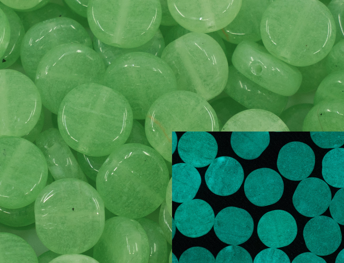 Flat Round Coin 1-Hole Glass Beads, 8mm, Czech Republic, Dirty Bright Green - Glow in The Dark Bright Blue