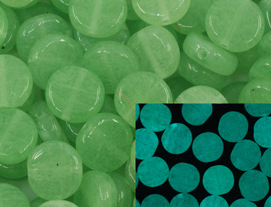 Flat Round Coin 1-Hole Glass Beads, 8mm, Czech Republic, Dirty Bright Green - Glow in The Dark Bright Blue