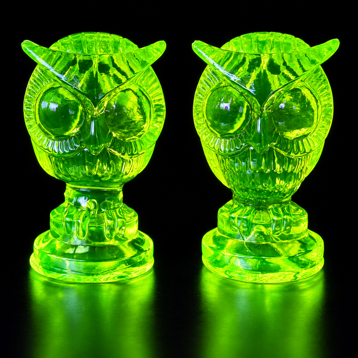 Uranium Glass Tableware (Glow under UV) - Statuette - Owl with Big Eyes, Czech Republic