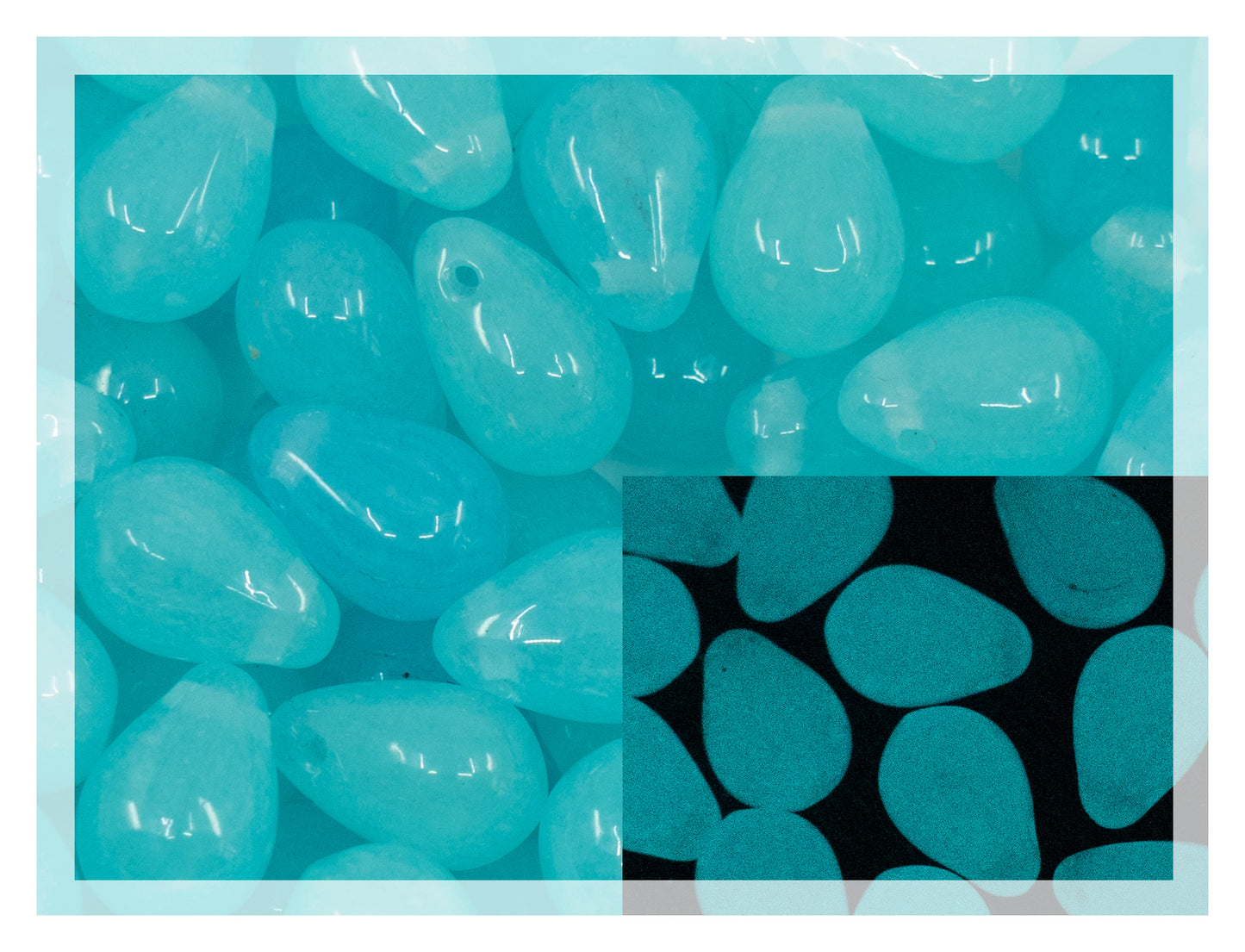 Glass Beads, 6x9mm, Teardrop Dirty Turqiuiose - Glow in the Dark Bright Blue