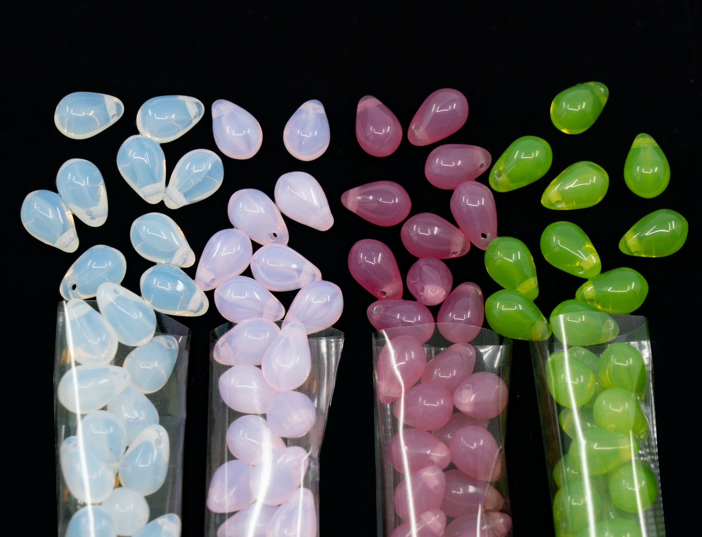 120+ Bead Kit of 6x9mm Pendant Drop Beads - Teardrop Glass Beads for Jewelry Making Set in 4 Opal Colors: White, Pink, Dark Pink, Grass Green