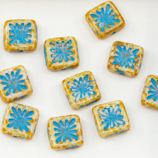 OUTLET 10 grams Squared Kiwi Beads, 10 x 10 mm, White Travertin Light Blue Lined (02010-86800-54308), Glass, Czech Republic