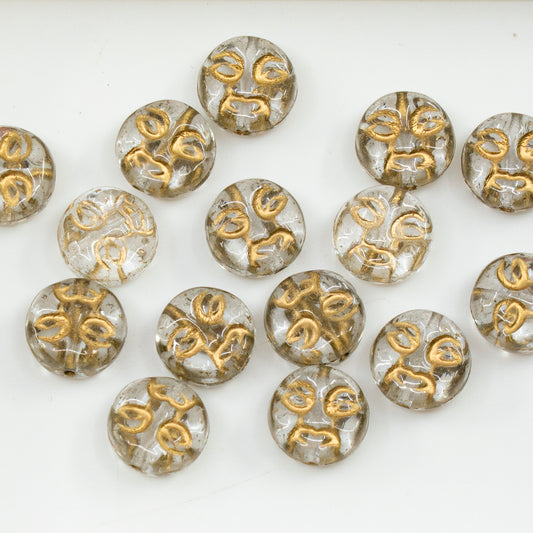 アウトレット 10グラム プレスビーズ ムーンフェイス、8 x 8 mm、クリスタルゴールドライン（00030-54302）、ガラス、チェコ共和国