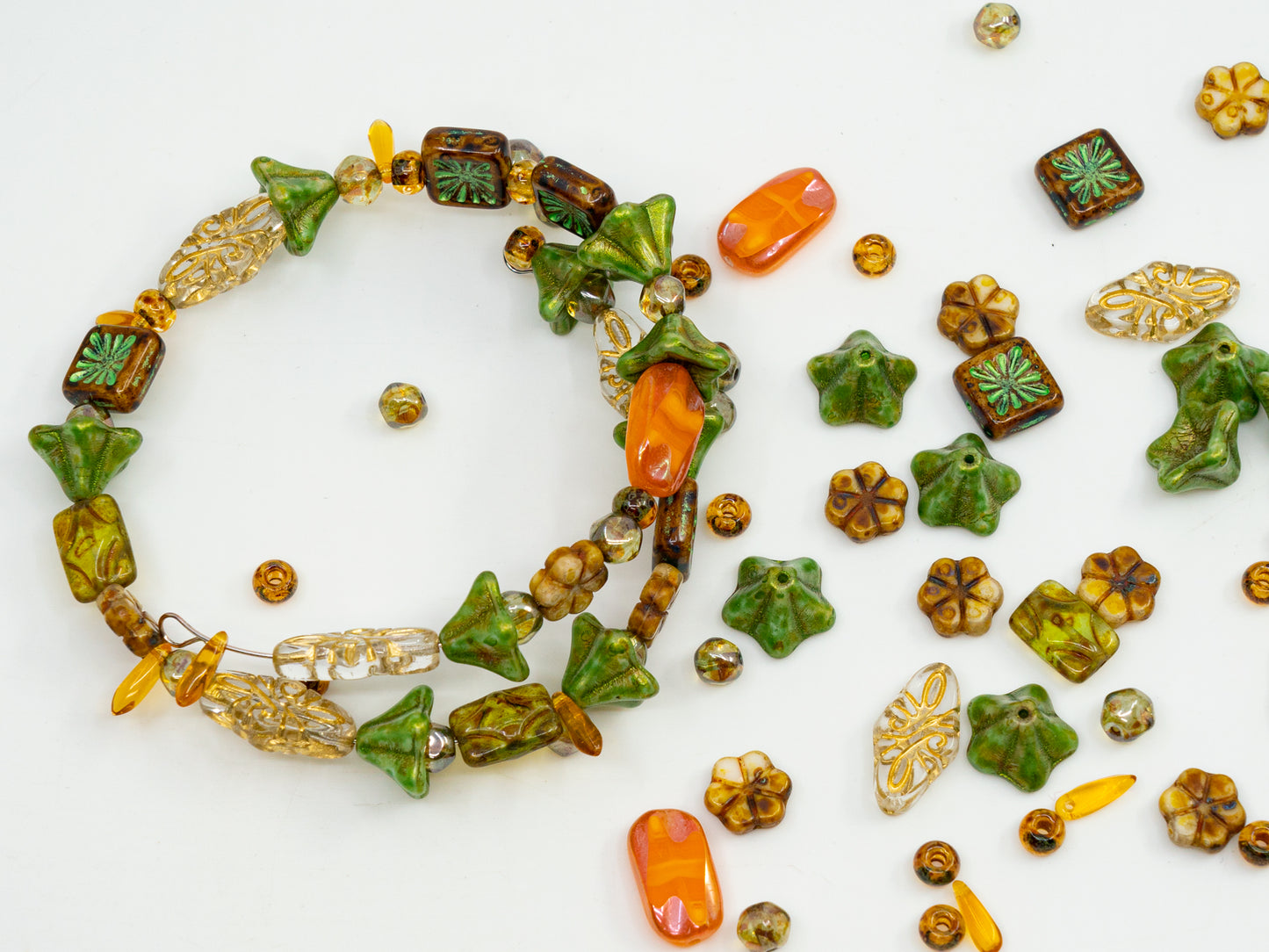 LIMITED Mix of Czech Glass Beads, Hand Made Set Kit, Green Petunia Beads Orange Table Cut Beads