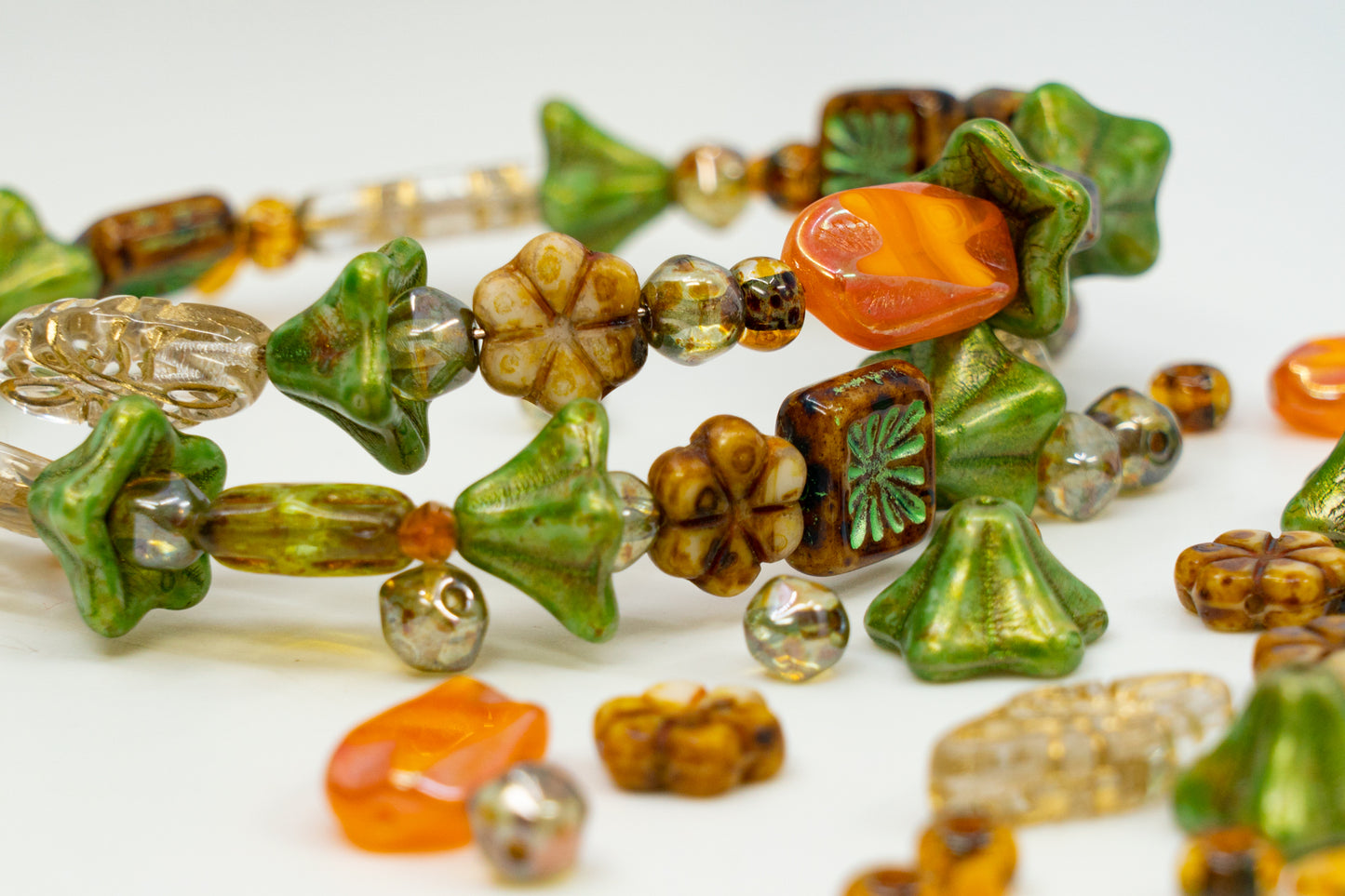 LIMITED Mix of Czech Glass Beads, Hand Made Set Kit, Green Petunia Beads Orange Table Cut Beads