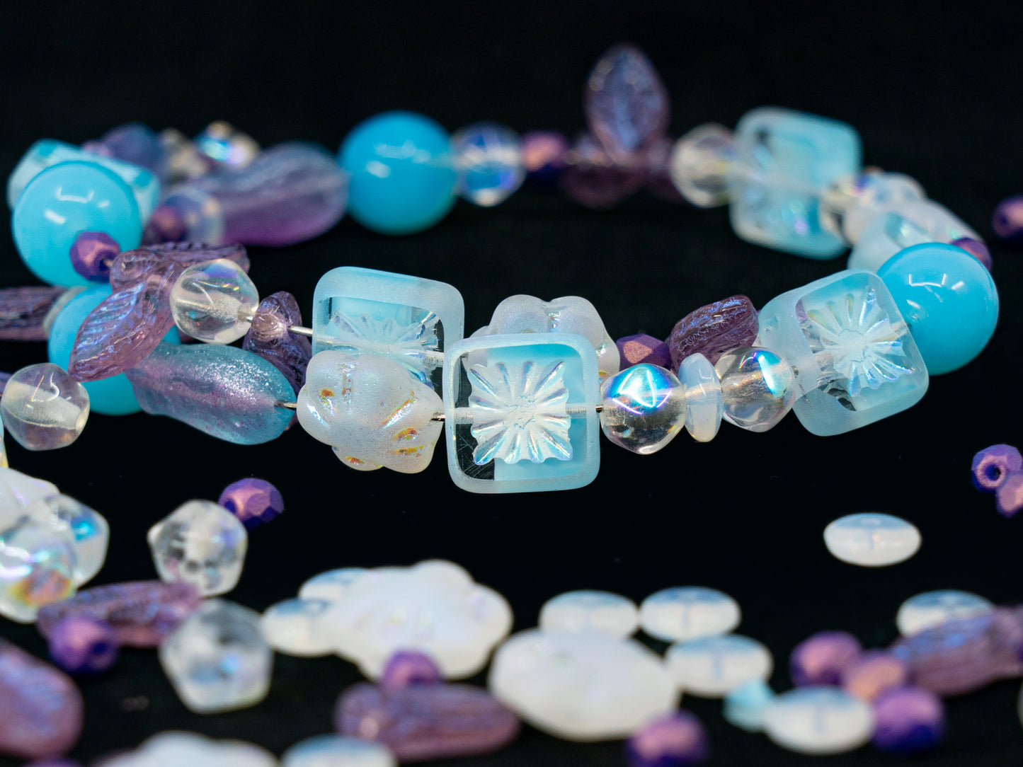 LIMITED Mix of Czech Glass Beads, Hand Made Set Kit, Purple Bay Leaf Beads Table Cut Kiwi Crystal AB Beads