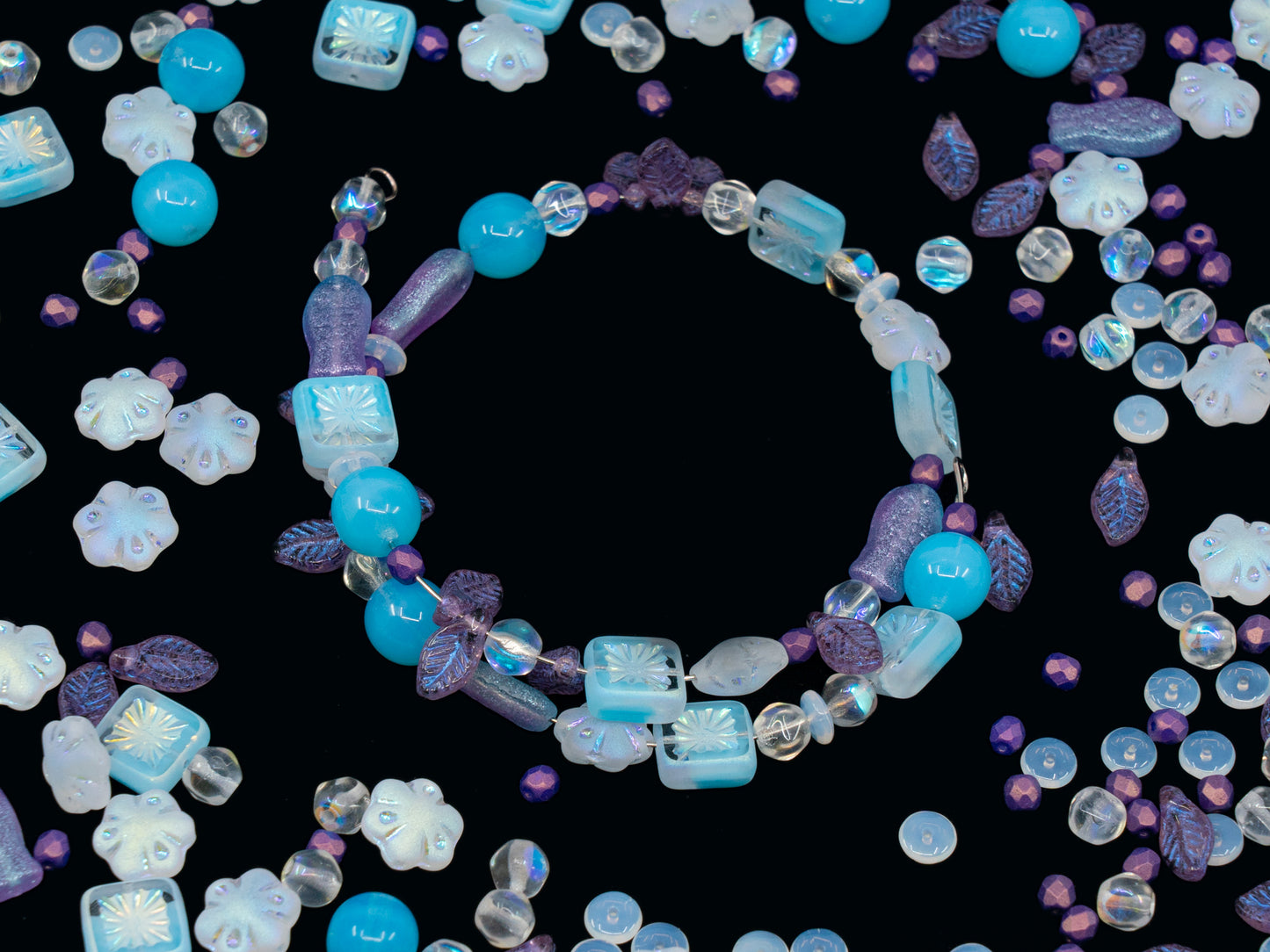 LIMITED Mix of Czech Glass Beads, Hand Made Set Kit, Purple Bay Leaf Beads Table Cut Kiwi Crystal AB Beads