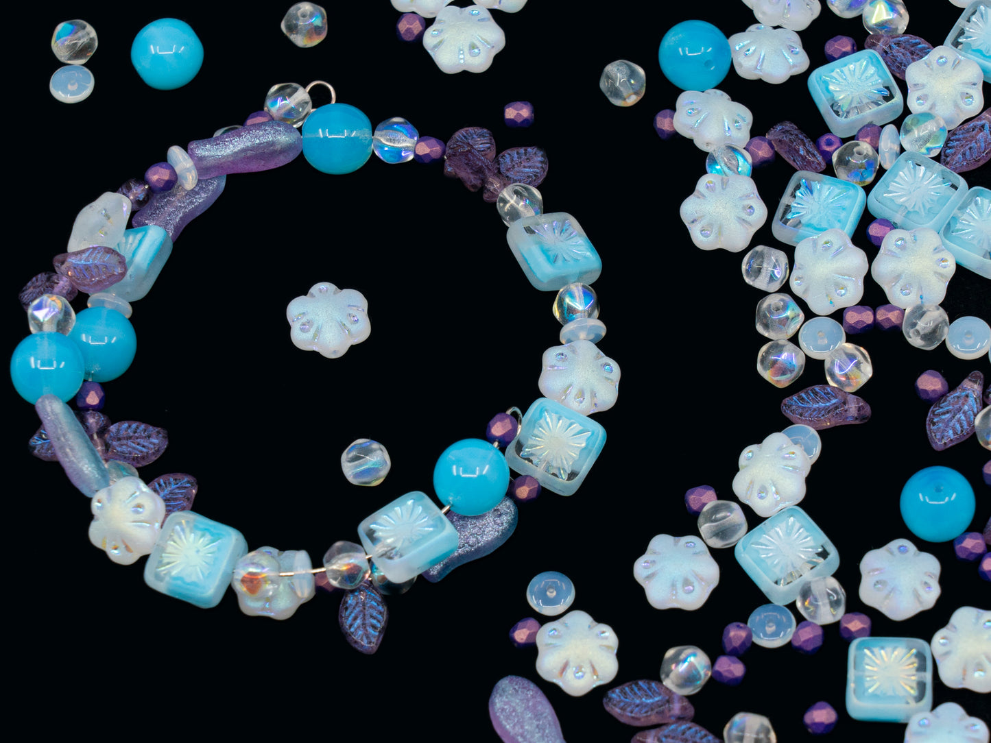 LIMITED Mix of Czech Glass Beads, Hand Made Set Kit, Purple Bay Leaf Beads Table Cut Kiwi Crystal AB Beads