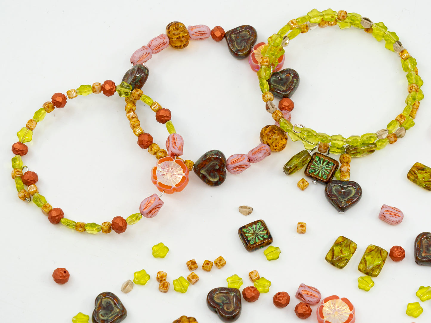 LIMITED Mix of Czech Glass Beads, Hand Made Set Kit, Green Star Beads Pink Table Cut Hawaii Flower Beads