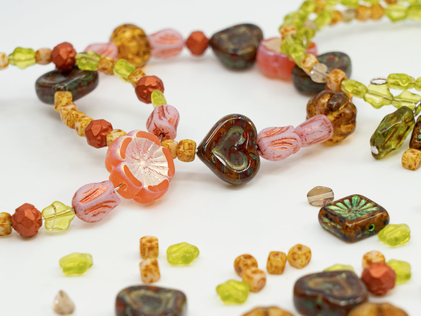 LIMITED Mix of Czech Glass Beads, Hand Made Set Kit, Green Star Beads Pink Table Cut Hawaii Flower Beads