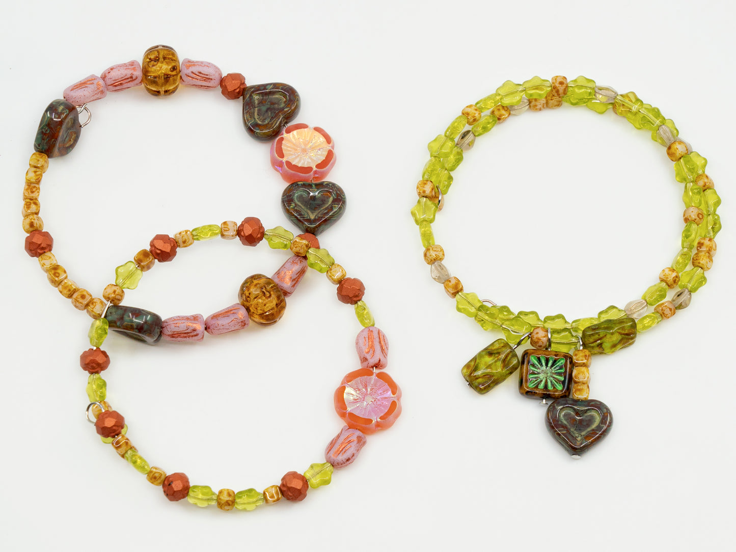 LIMITED Mix of Czech Glass Beads, Hand Made Set Kit, Green Star Beads Pink Table Cut Hawaii Flower Beads