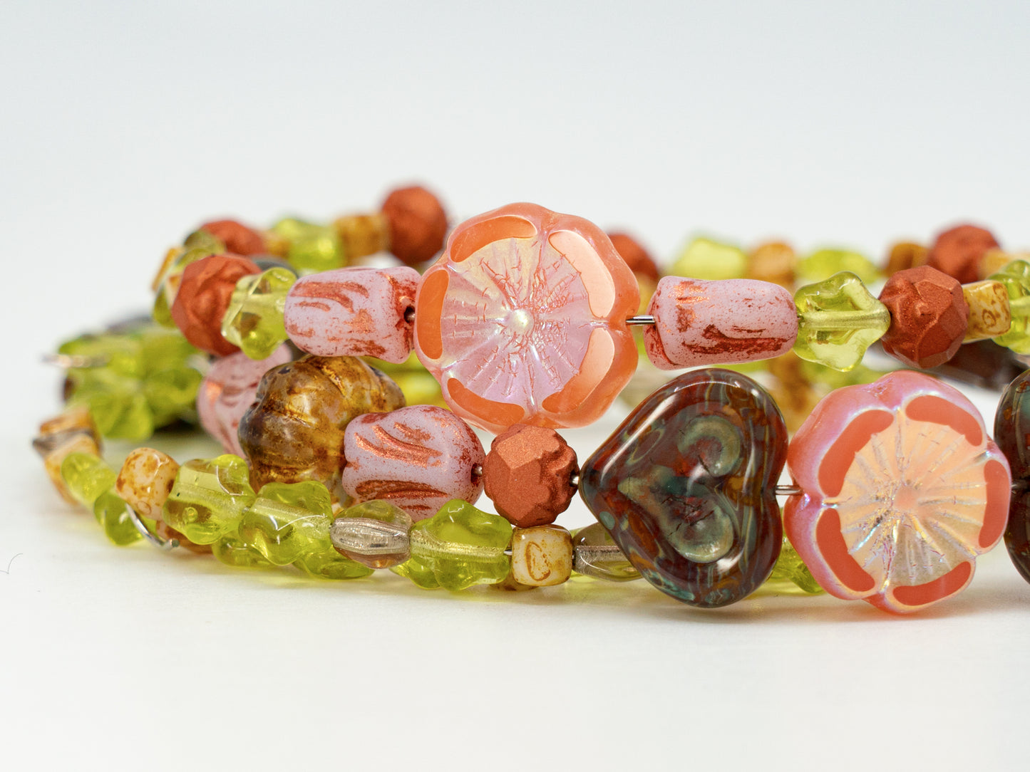 LIMITED Mix of Czech Glass Beads, Hand Made Set Kit, Green Star Beads Pink Table Cut Hawaii Flower Beads
