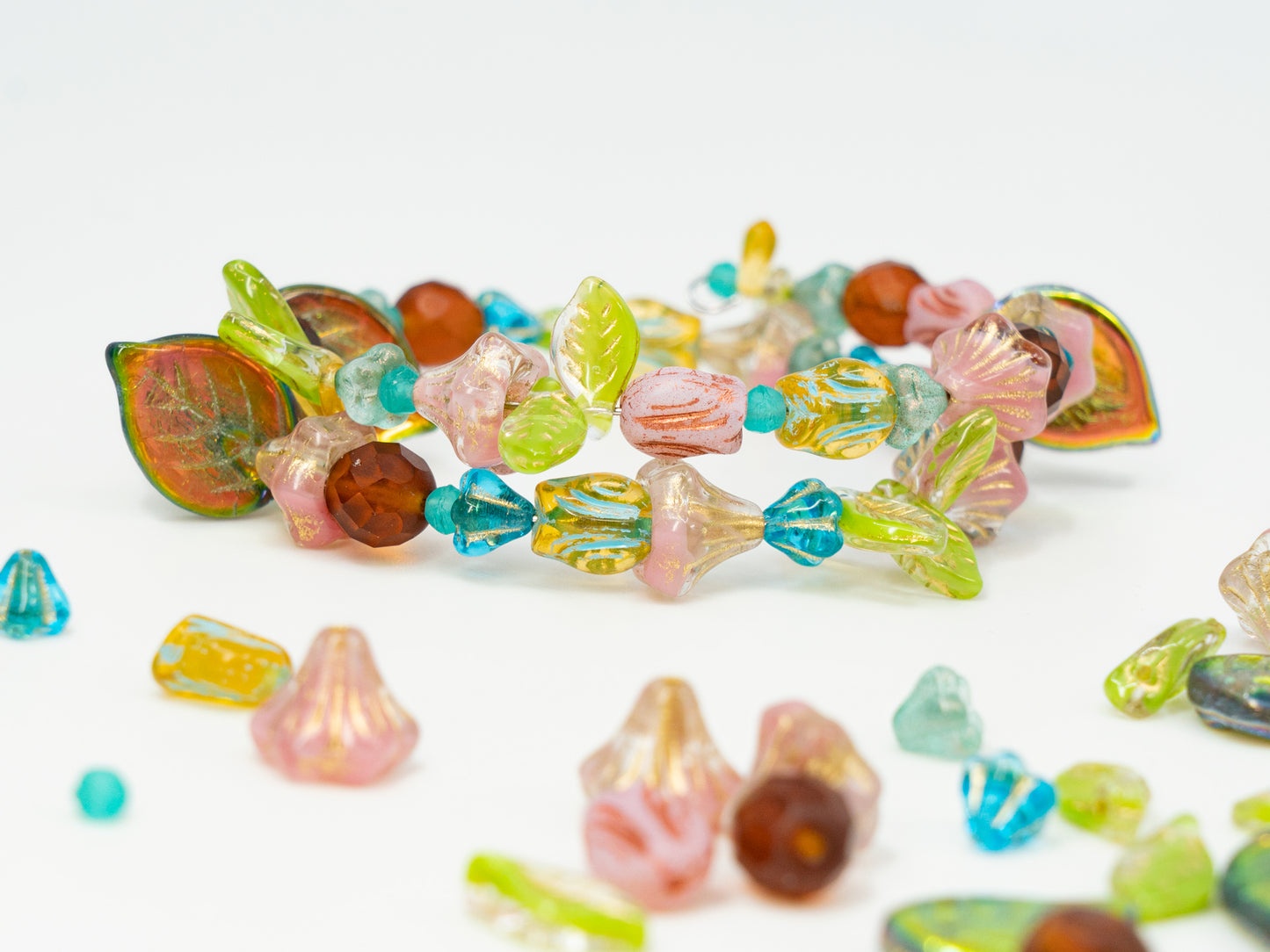 LIMITED Mix of Czech Glass Beads, Hand Made Set Kit, Apple Leaf Beads Bell Flower Blue Beads and Pink Tulip Beads