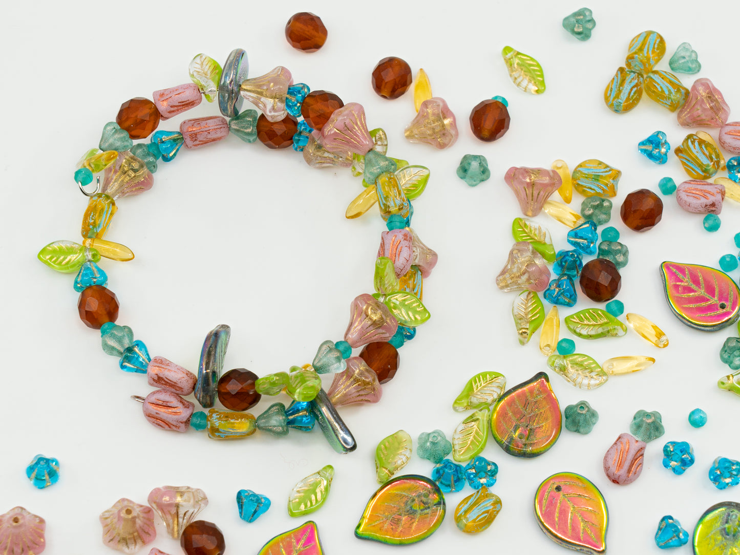 LIMITED Mix of Czech Glass Beads, Hand Made Set Kit, Apple Leaf Beads Bell Flower Blue Beads and Pink Tulip Beads