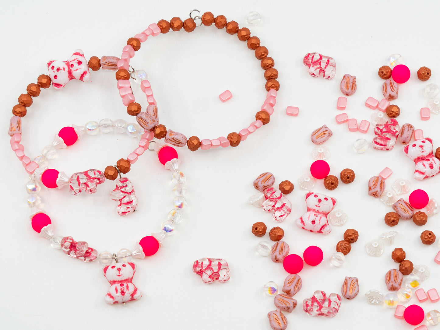 LIMITED Mix of Czech Glass Beads, Hand Made Set Kit, Crystal AB Pink Cute Bear Beads
