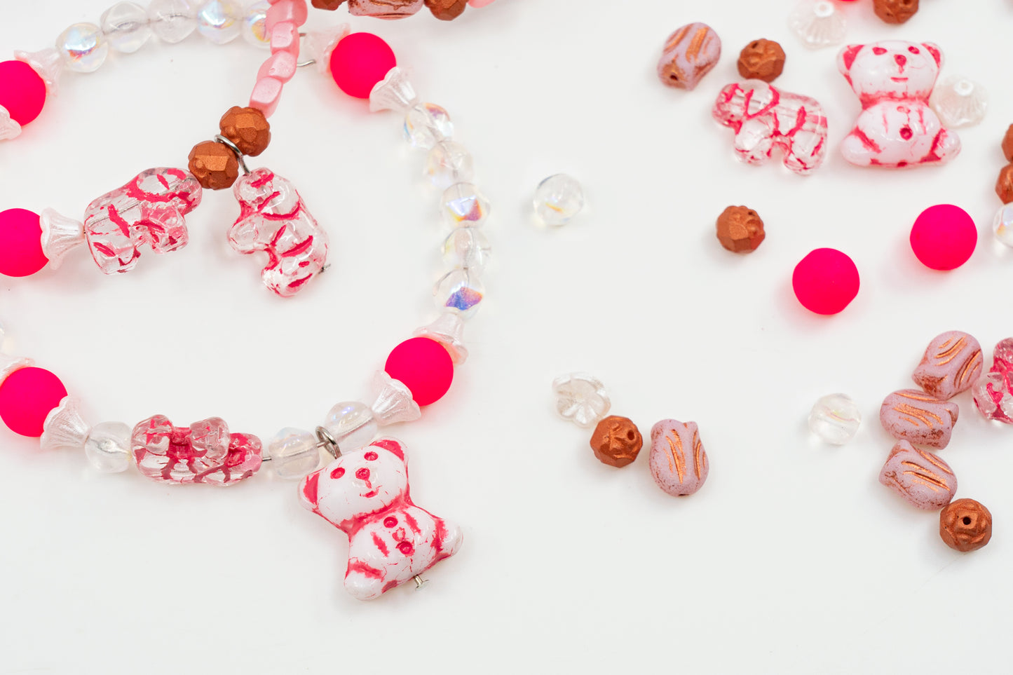 LIMITED Mix of Czech Glass Beads, Hand Made Set Kit, Crystal AB Pink Cute Bear Beads