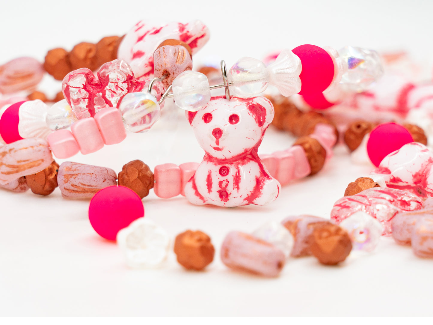 LIMITED Mix of Czech Glass Beads, Hand Made Set Kit, Crystal AB Pink Cute Bear Beads