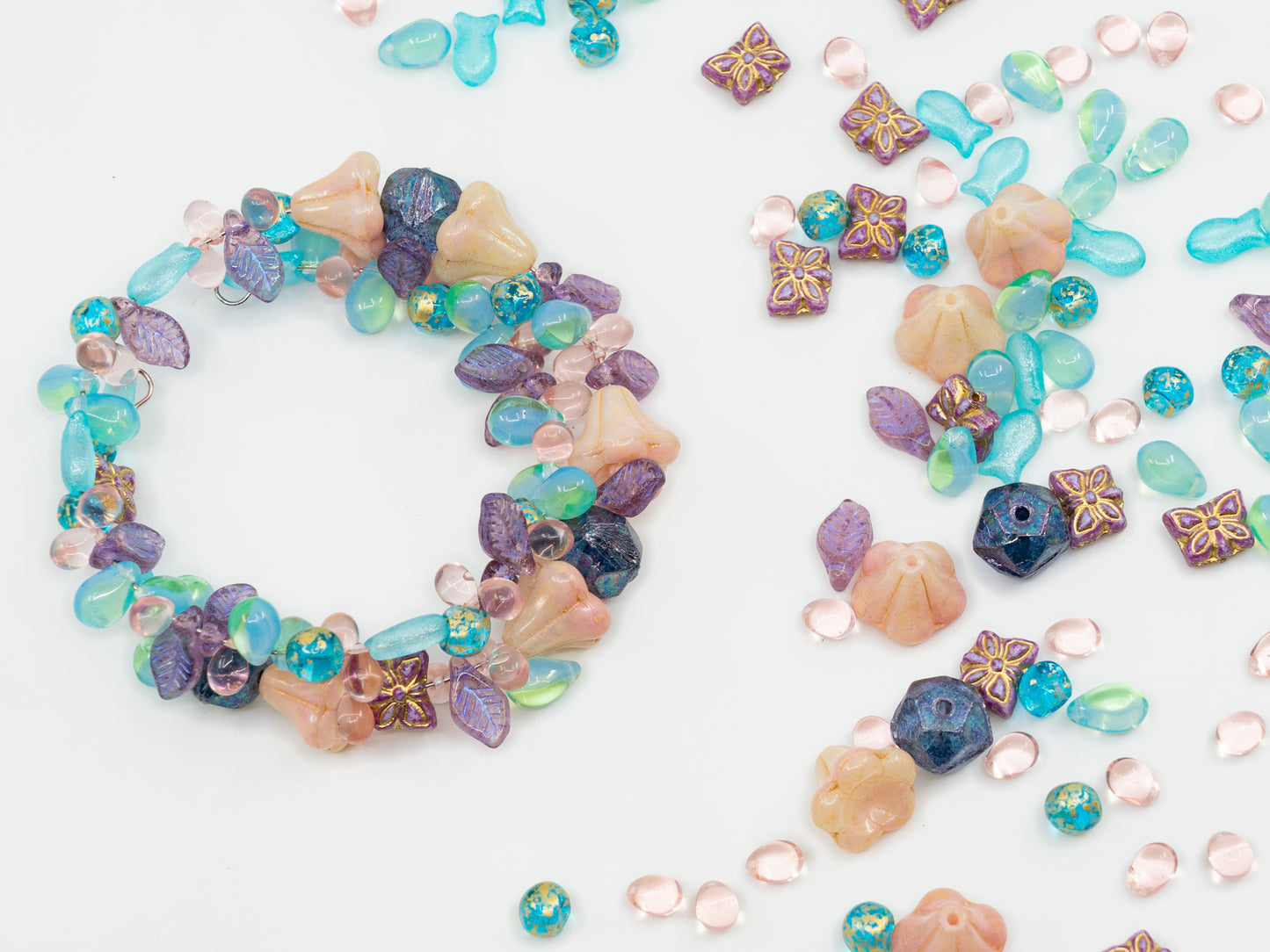 LIMITED Mix of Czech Glass Beads, Hand Made Set Kit, Pink Bell Beads Purple English Cut