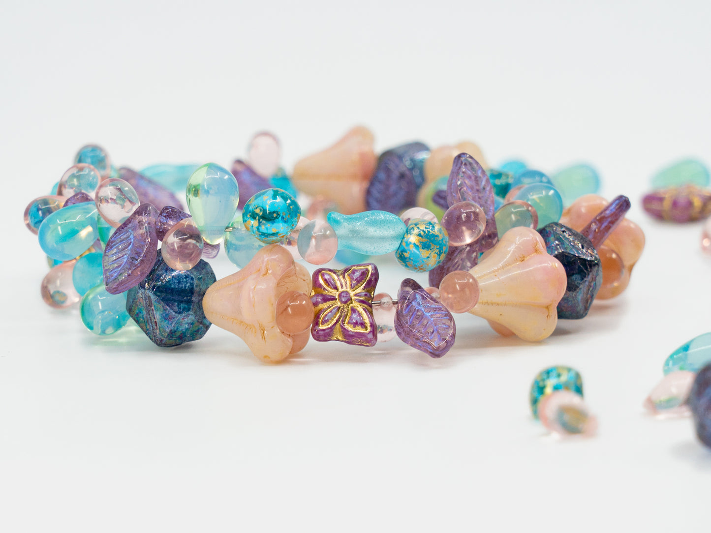 LIMITED Mix of Czech Glass Beads, Hand Made Set Kit, Pink Bell Beads Purple English Cut