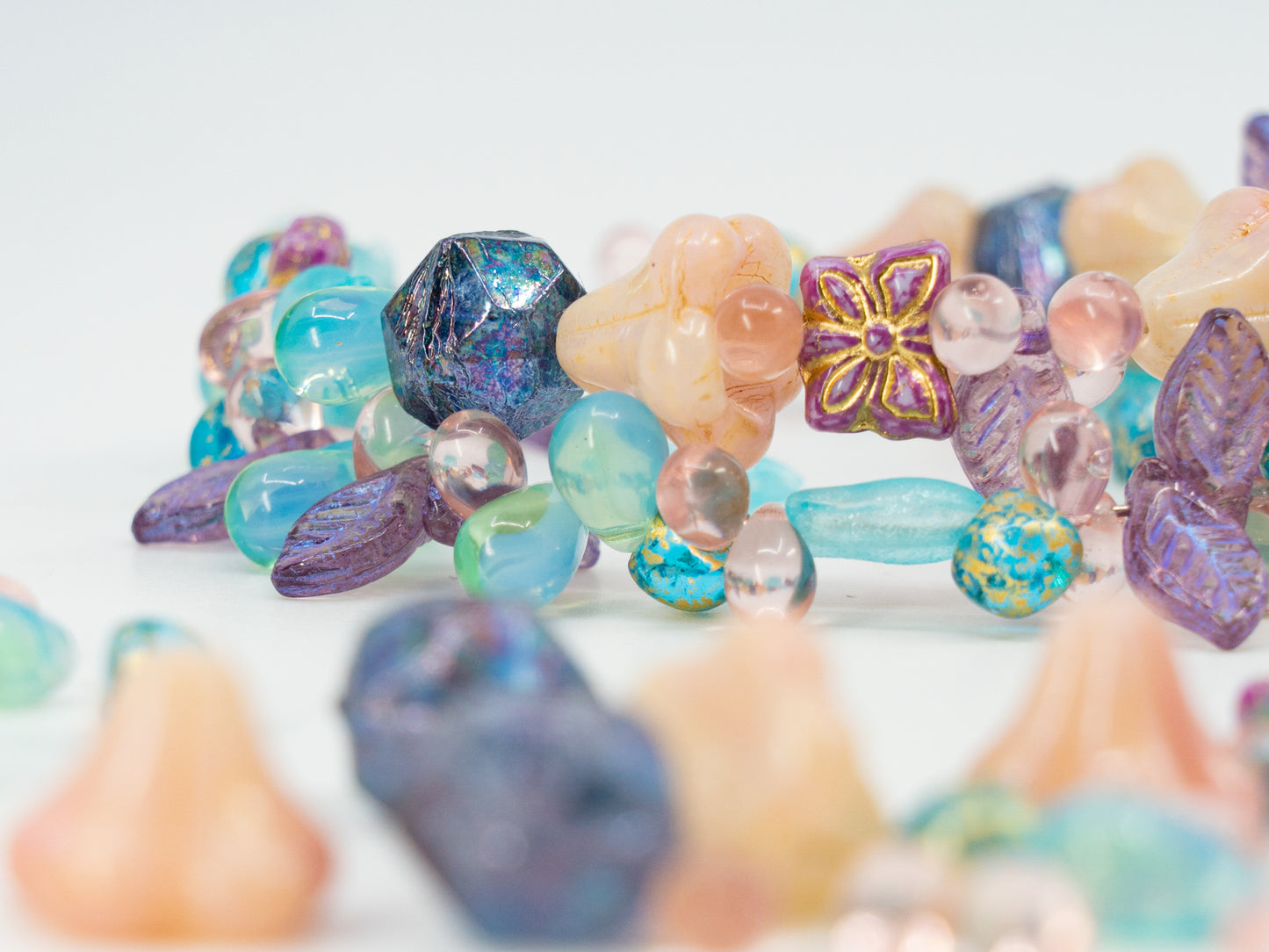 LIMITED Mix of Czech Glass Beads, Hand Made Set Kit, Pink Bell Beads Purple English Cut