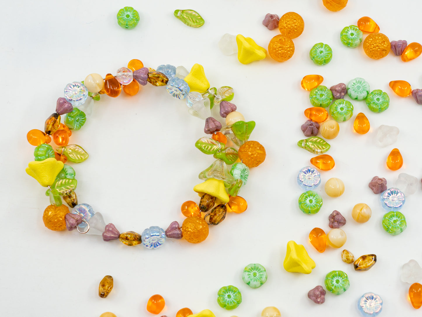 LIMITED Mix of Czech Glass Beads, Hand Made Set Kit, Green Leaves Beads Yellow Petunia Orange