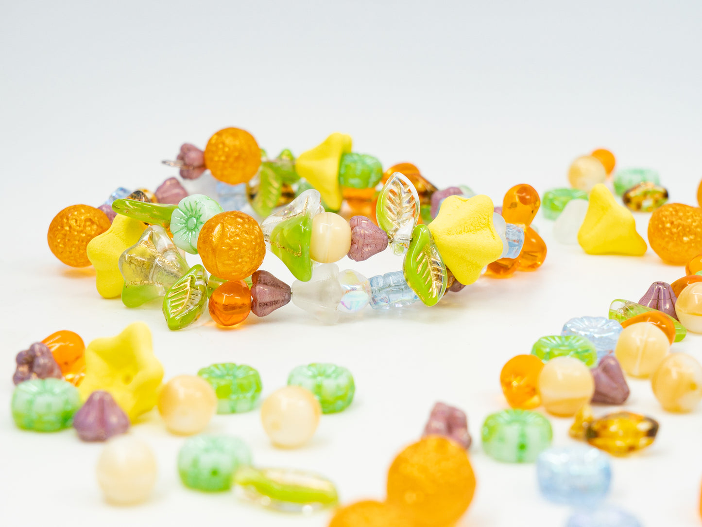 LIMITED Mix of Czech Glass Beads, Hand Made Set Kit, Green Leaves Beads Yellow Petunia Orange