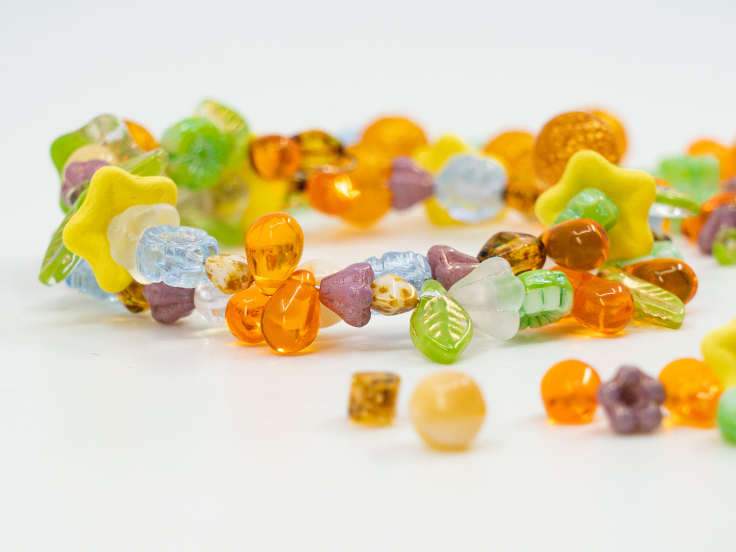 LIMITED Mix of Czech Glass Beads, Hand Made Set Kit, Green Leaves Beads Yellow Petunia Orange