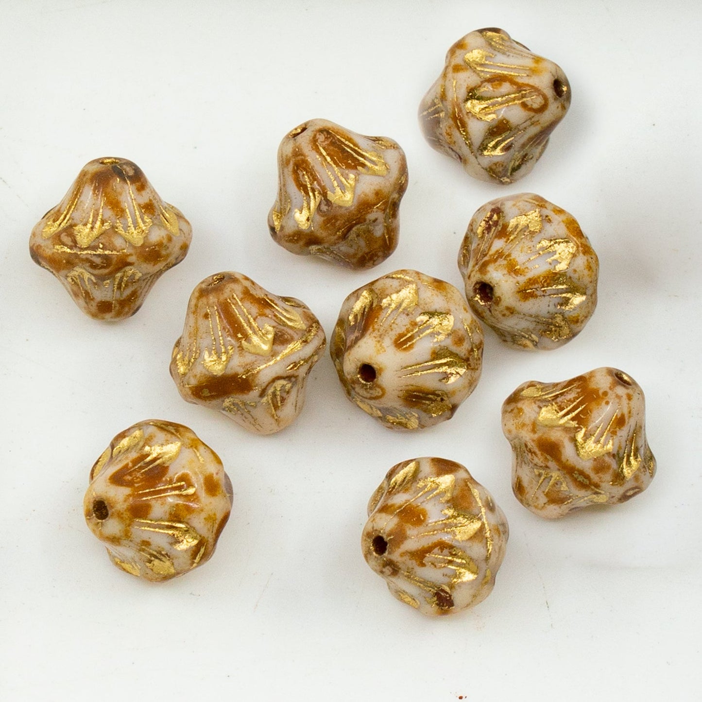 OUTLET 10 grams Lantern Pressed Glass Beads, 11 x 11 mm, White Travertin Gold Lined (02010-86800-54302), Glass, Czech Republic